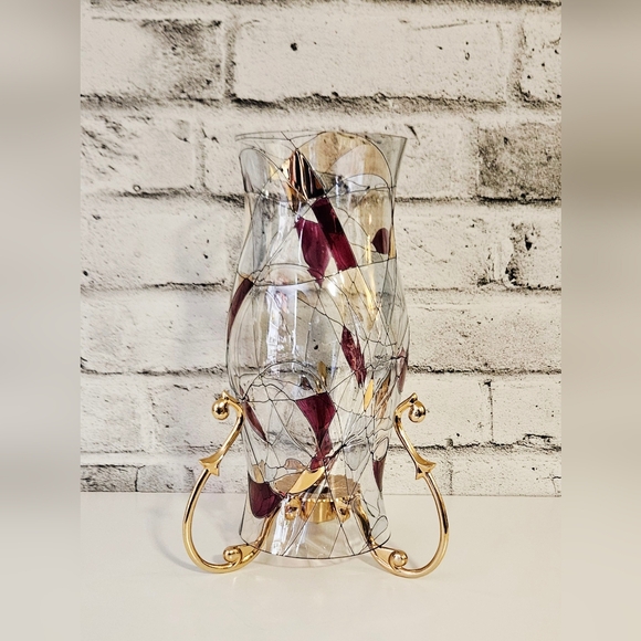 PartyLite Gold Hurricane Candle Holder & Art Glass Shade Abstract Swirl - Picture 4 of 13